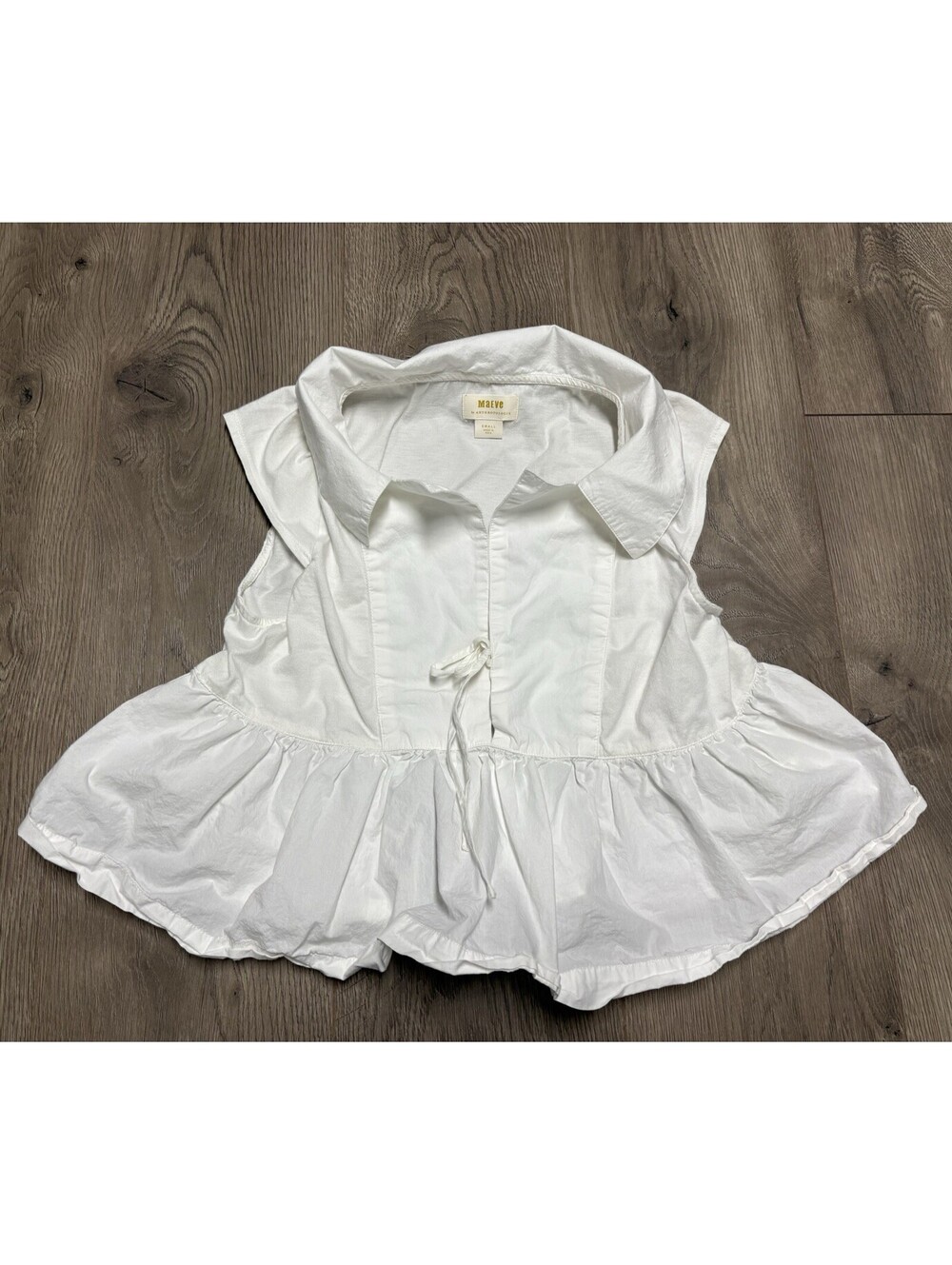 Maeve by Anthropologie Sz S Women's White Collared Tie Peplum Top